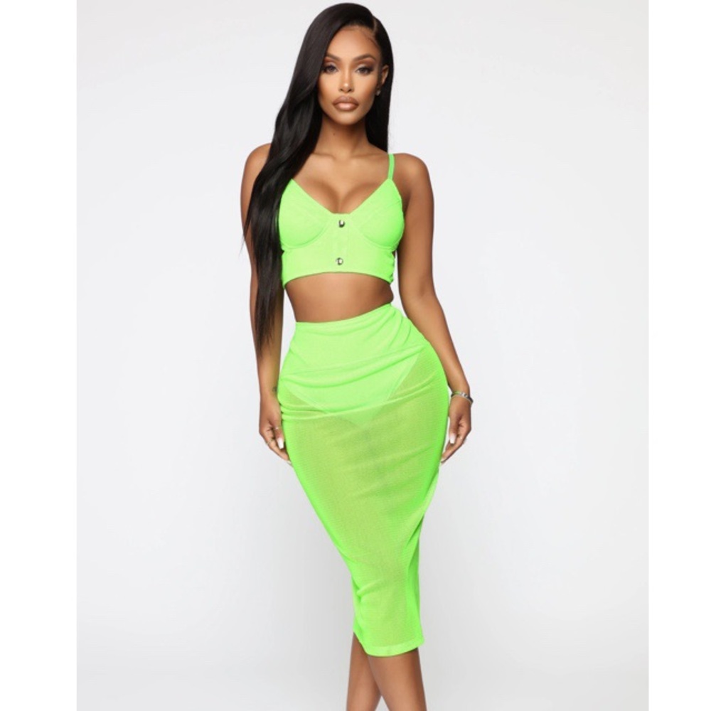 Fashion Nova Neon Lime Green Mesh Two Piece NWT